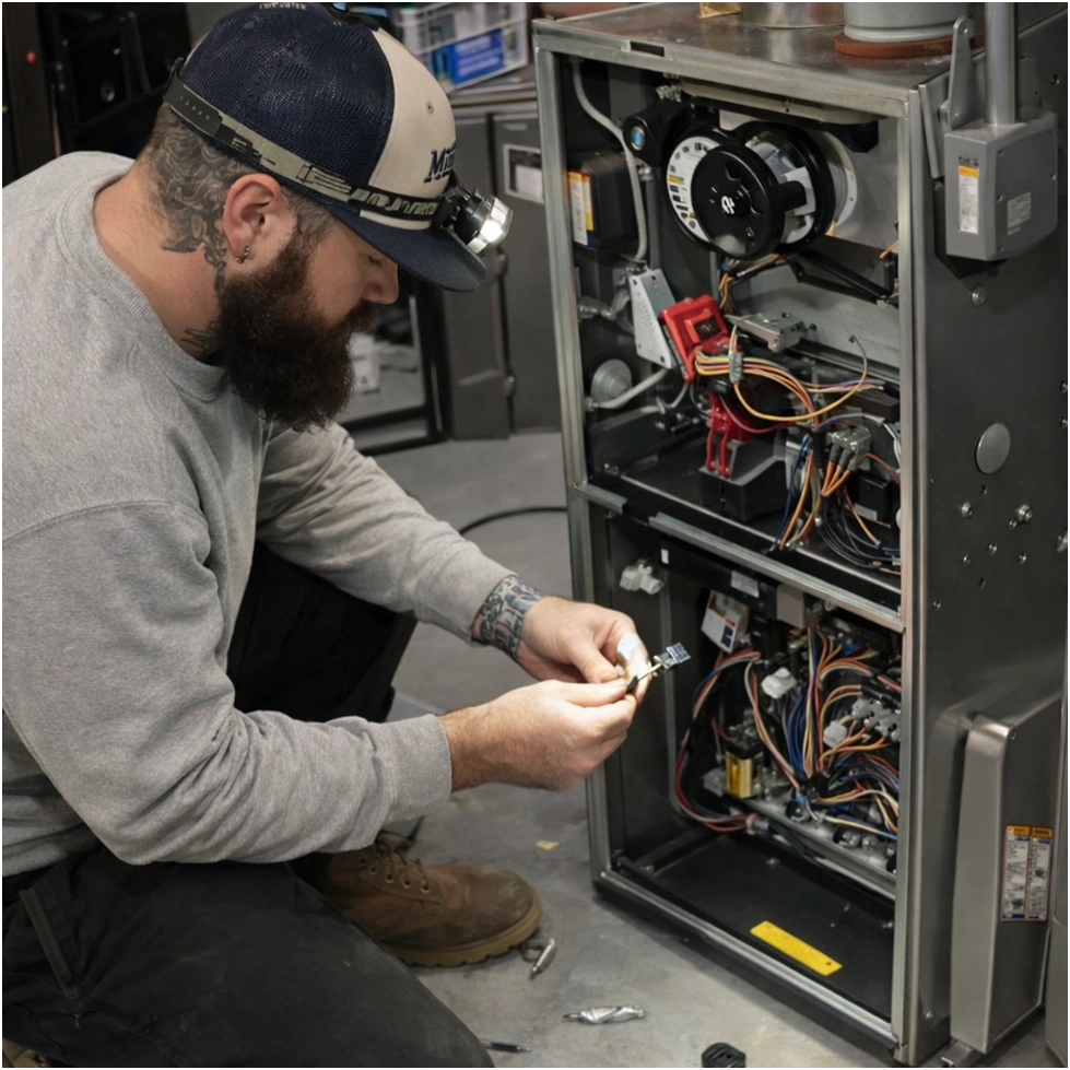 hvac technician repairing a furnace in ypsilanti mi call (734) 999-7310